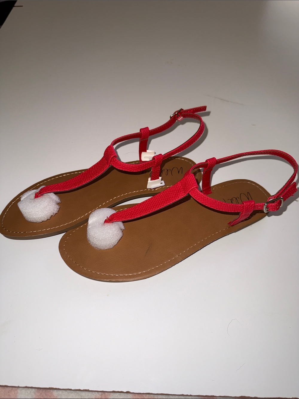 Wild Pair Red T-Strap Sandals with White Detail